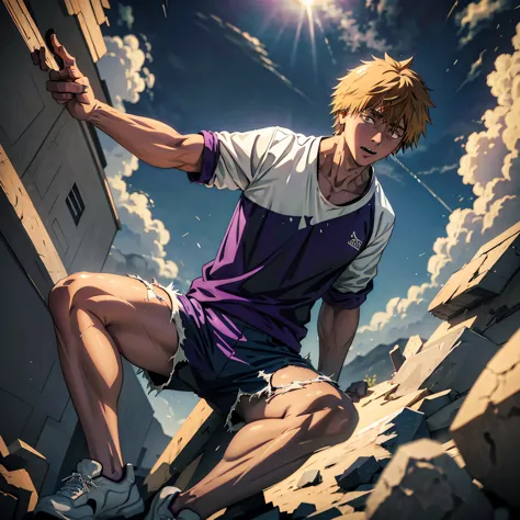 the male character , denji wearing a white shirt with purple and blue details,a black sports shorts ,  the clothes have torn and...