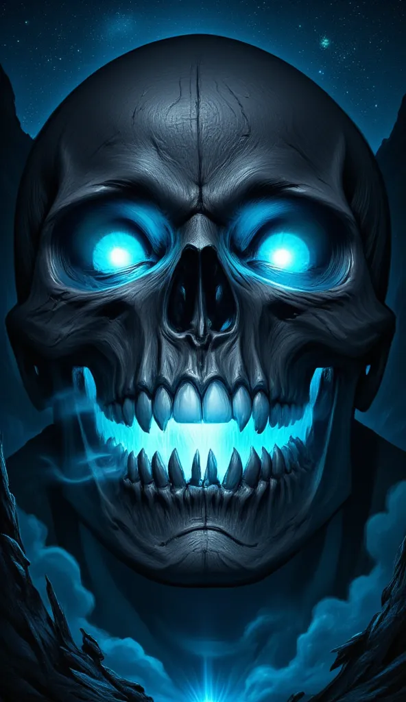 score_9, score_8_up, score_7, a picture of a an epic skull built into a mountain, the skull mouth shines as you can see blue lig...