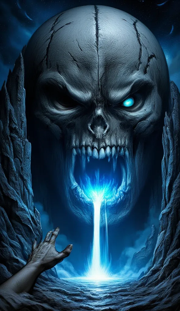 score_9, score_8_up, score_7, a picture of a an epic skull built into a mountain, the skull mouth is open and you can see blue l...