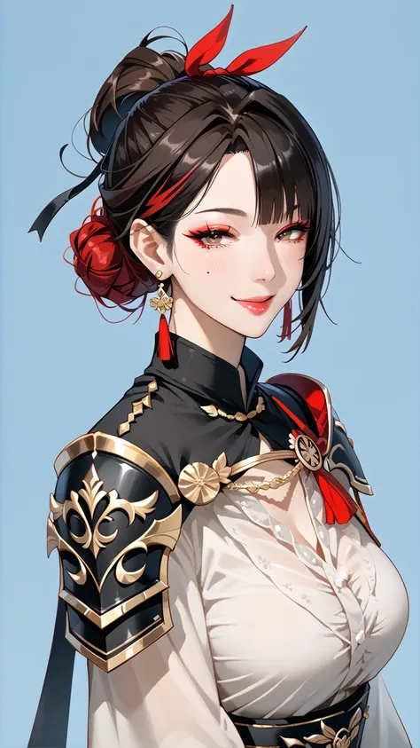 Anime Art, Mature woman, black hair xiaohongshu hair style, honmeet, dark hair ribbon, SFW, Wuxia background, aggressive, small mole on face, shoulder guard, earrings, red eyeliner and lips, red hair streak, asian woman, 40 years old, full body, light dark...