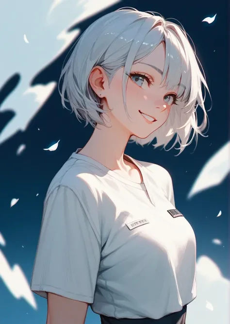 Short Bob in a silver-haired uniform blushes, smile,  