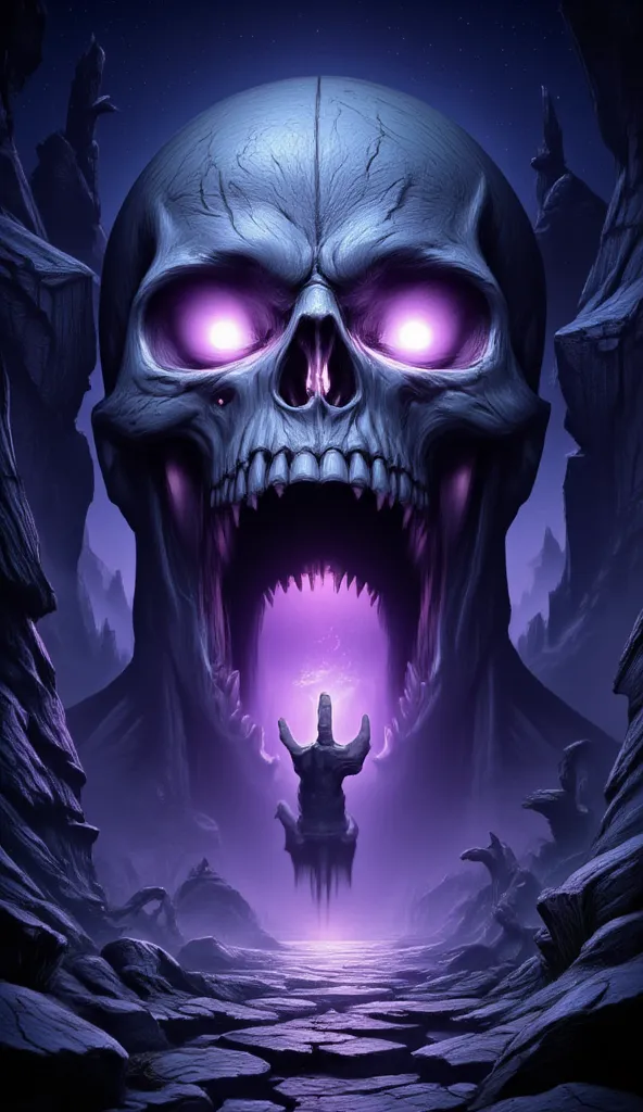 score_9, score_8_up, score_7, a picture of a an epic skull built into a mountain, the skull mouth is open and you can see purple...