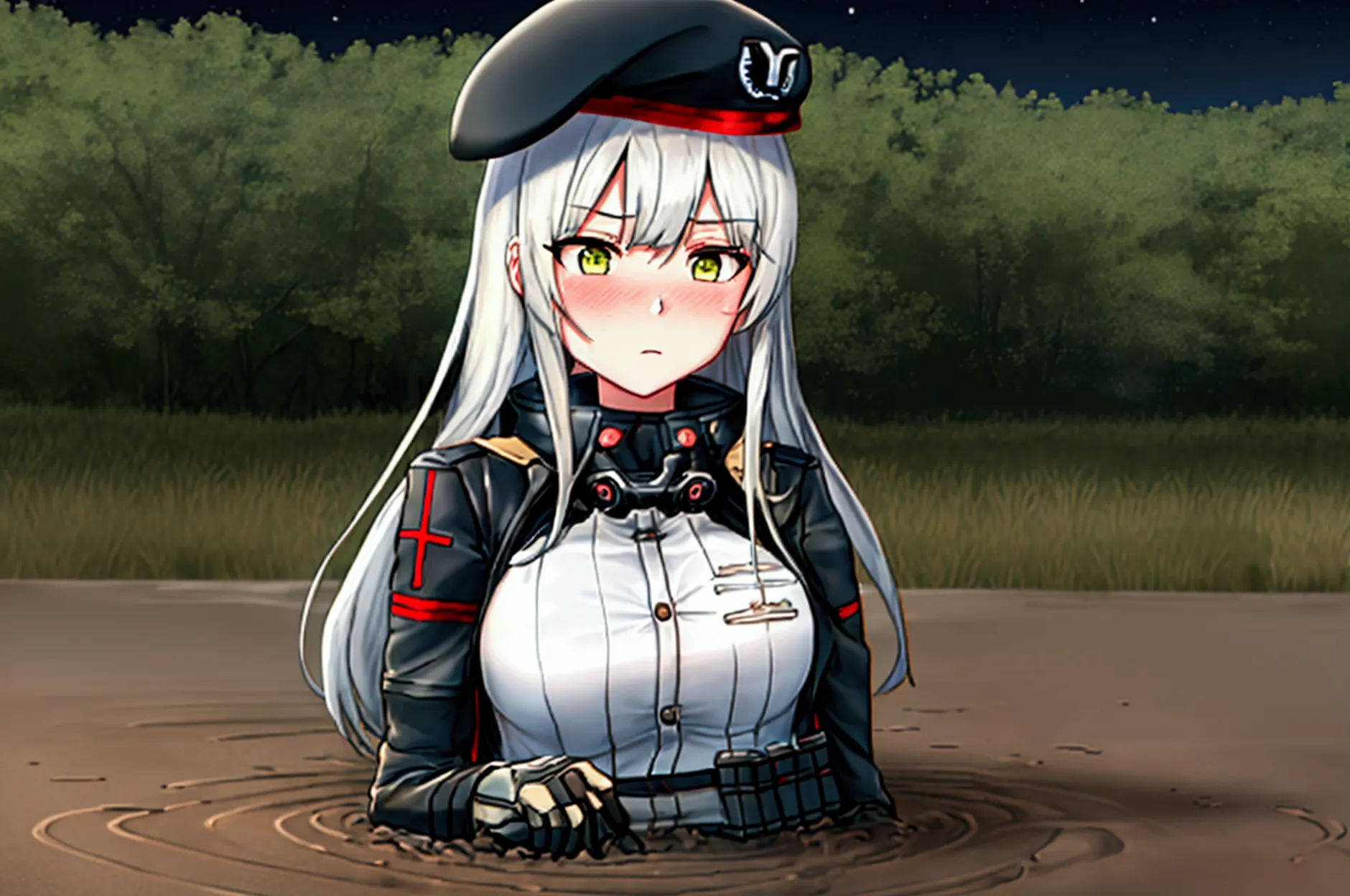 score_9, score_8_up, score_7_up, 1girl, solo, (blushing), looking down, 1girl, solo, (416_girlsfrontline:1.2), large breast, silver hair, green eyes, (jacket:1.2), (beret:1.2), black_headwear, long_sleeves, (oriental:1.2), partially submerged, flooding up ...