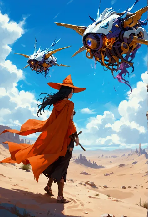 illustration,a desert witch,fighting against huge sidewinders