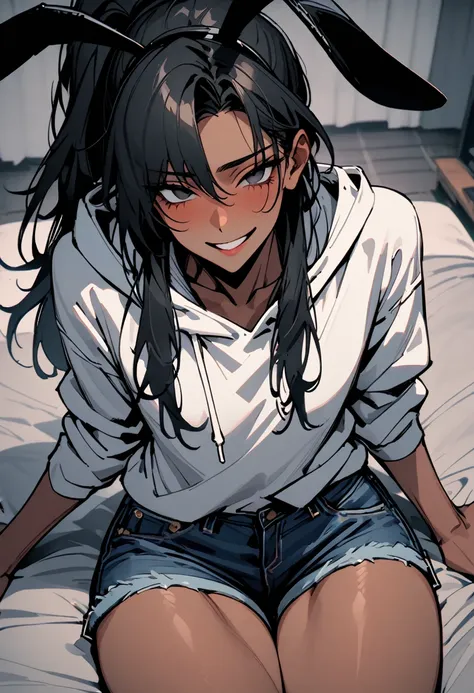 solo, male:1.1, femboy, dark skin, long hair, ponytail, black hair, black eyes, oversized hoodie, denim shorts, close up, shapel...