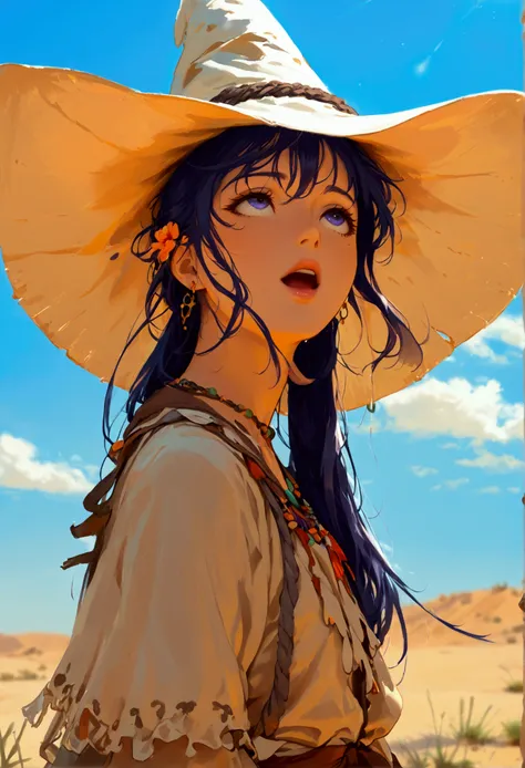 illustration,distant view,a desert witch,looking up at the sky,the harsh sunlight