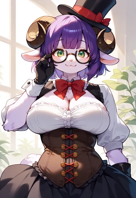 score_9, score_8_up, score_7_up, score_6_up, score_5_up, score_4_up, source_cartoon, best quality, amazing quality, very aesthetic, absurdres, 1girl, (furry, kemono:1.3), sheep girl, sheep horns, solo, glasses, hat, breasts, green eyes, gloves, large breas...