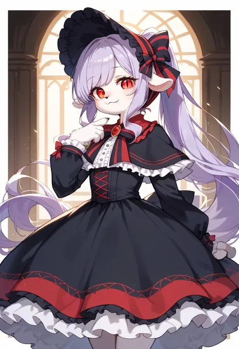 score_9, score_8_up, score_7_up, score_6_up, score_5_up, score_4_up, source_anime, best quality, amazing quality, very aesthetic, absurdres, 1girl, (furry, kemono:1.3), sheep girl, sheep horns, solo, dress, red eyes, long hair, fang, lolita fashion, gothic...