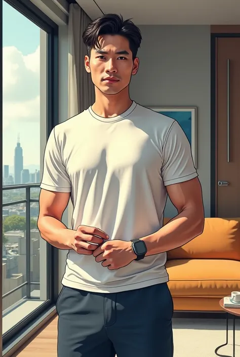 homme daffaire coréen, en vêtement de sport (t-shirt), debout au milieu de son appartement, style manhwa, met une bague noir sur son doigt, beau, se prépare à faire du sport