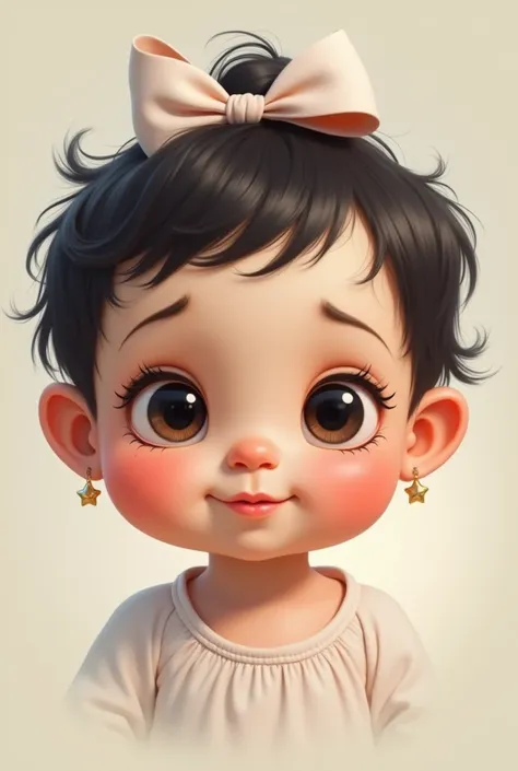 A baby with a round head, round eyes and little twists at the tips, little nose, potato, plump lips, rounded cheeks, well-designed eyebrows, very thin hair, little star earrings in the ears, chin with a hole, It is a cheek with a dimple on the right side a...