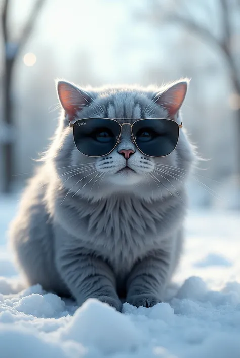 cat, realistic, gray with sunglasses in the snow