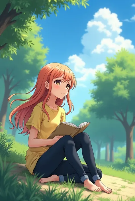 An anime girl with long hair wearing yellow top and black jeans drawing in notebook sitting in the park looking upto sky