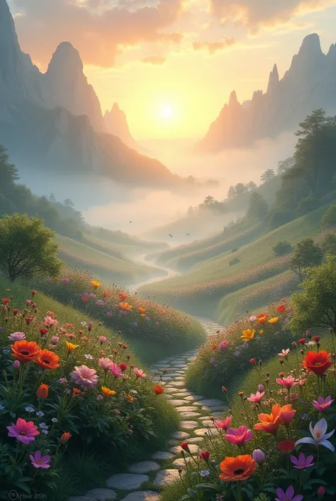 The flower garden in the middle of the valley has a thick fog vapor and a morning sunrise