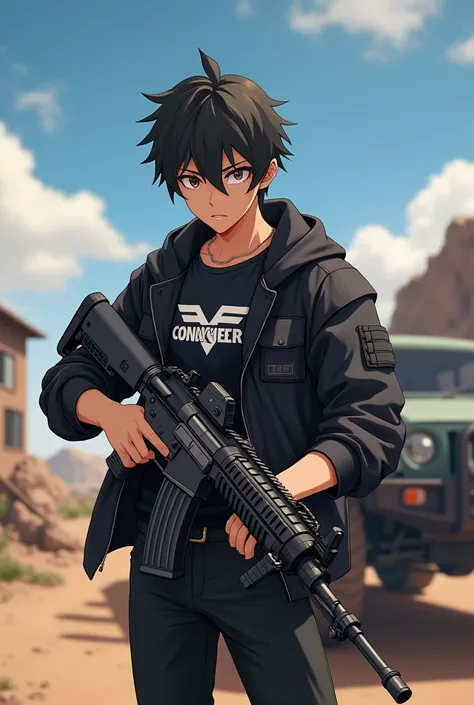 A anime boy age 22 waring black pant and black jacket dark black tshirt in side with rank conquer logo design, holding m416 put half gun in on solder, pose like reloading gun checking ammo, in Miramar picado, sitting on a pubg car called morado, in back ro...