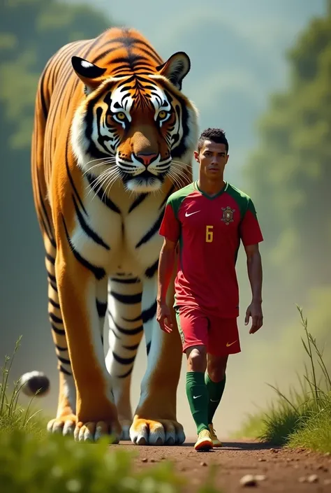 Cristiano Ronaldo,Portugal national team ,  is walking with a monster tiger,Reality,8K,cinematic real