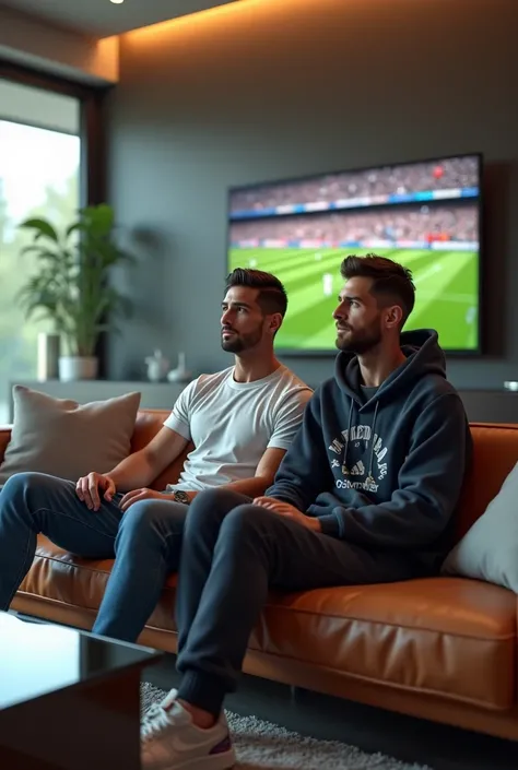 a realistic image of ronaldo and messi watching tv