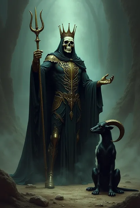  Create a man with a skull like a skull and a crown on his head holding a trident and a creature bent in front of him, And a black goat next to  
