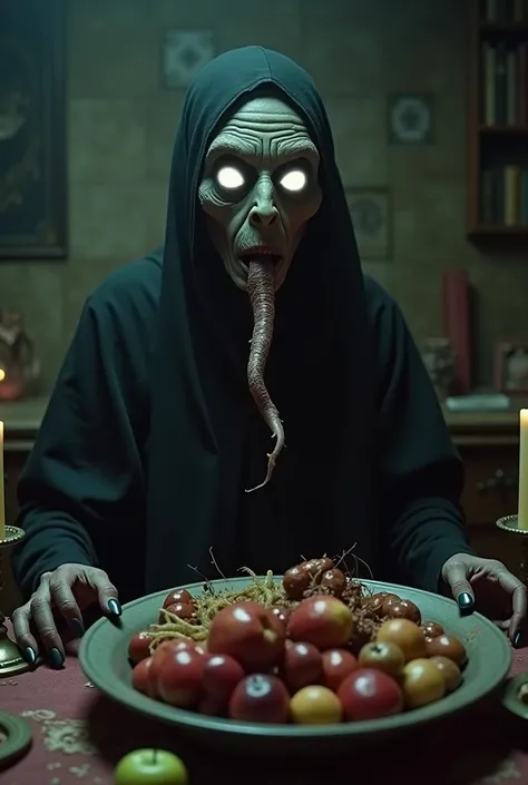 Video of beautiful witch with long tongue and white eyes serving bowl of maggots, rotten fruits on the table, in the scary witch room