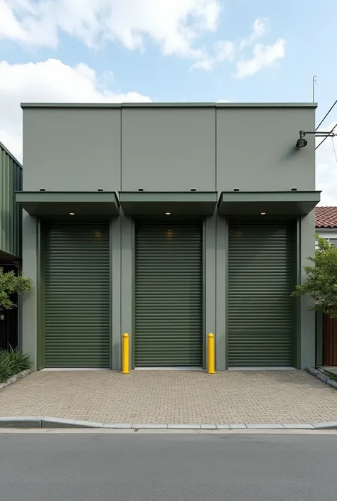 Fachada exterior de un negocio de fruteria y alimentos secos al por mayor con un frente frontal de 11 metros de ancho y 6 metros de alto con 3 puertas enrollable, no vidrio o espejo. Colores gris pizarra y verde oliva