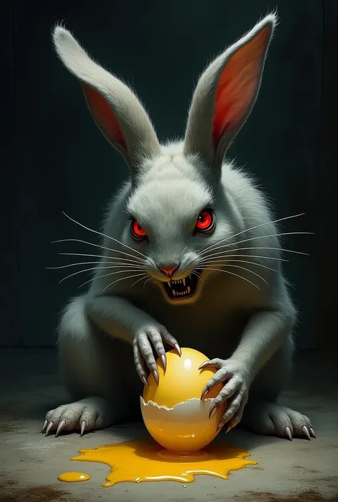 An evil  rabbit eating a peeled egg