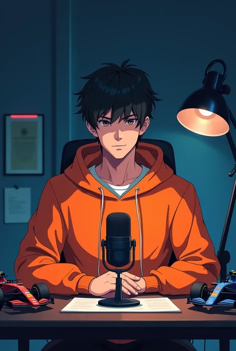 The prompt used is- 
  Anime-friendly male business character, handsome and smart, in an orange hoodie.   Sitting behind his laptop in his office, there would be a small Royal Infield toy car next to the laptop, weapons on his desk, and.   its night   The ...