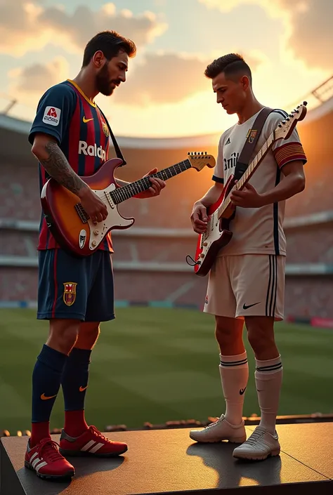 Lionel Messi and CR7 playing guitar in a stadium at sunset...super realistic and epic style.