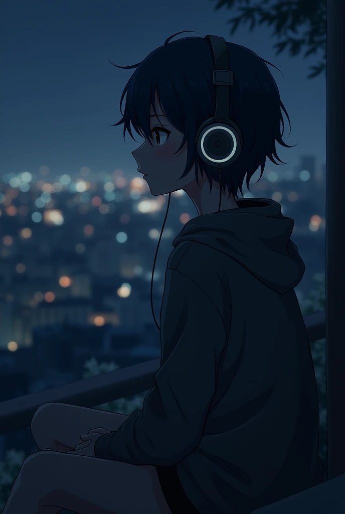 The modal anime listening a song with the help of headphones in sad night 