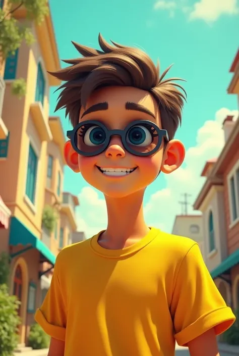 A teenage boy wearing yellow t shirt and shades . half picture and invincible background or green background . the boy should animated