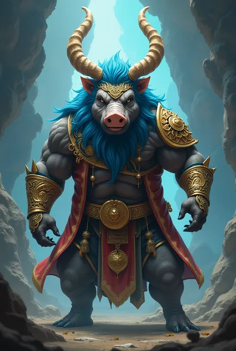 A 30-year-old yellow boar god with horns and blue hair, intimidating and wise of fortune with clothes attributed to fortune. 