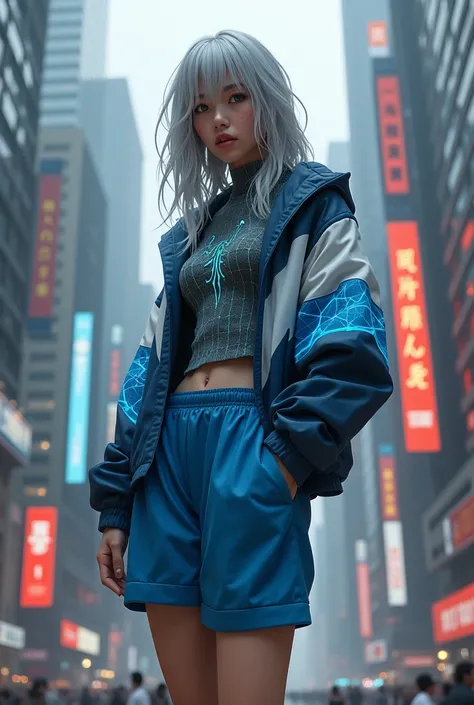 Cyberpunk spiderman girl with light skin and long ligh grey wavy-ish  hair. (Korean maybe).
Dark grey suit with bright blue webs. More like the original one, full lenght. The suit as an almost mahical fabric.
Wearing a baggy blue and white jacket and large...