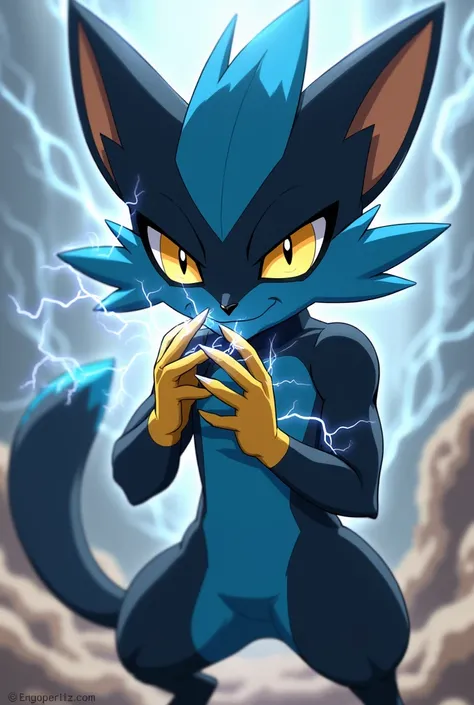 A Pokemon zeraora licks claws