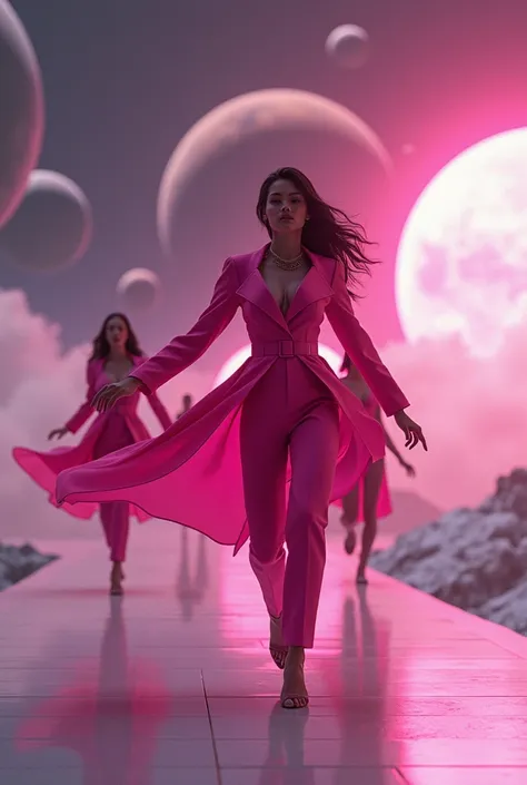 WOMEN DANCING ON THE EDGE OF A FUTURISTIC RUNWAY WEARING HOT PINK PILOT JUMPSUIT WITH A BACKGROUND WITH SEVERAL PLANETS