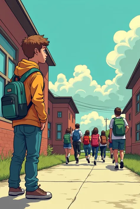  leaving school alone and a group of students running comic book version