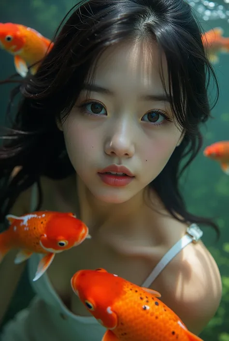 X2D 100C, 120mm f/3.5 macro lens, ISO 100, 1/250 shutter speed, f/4 aperture. Dramatic lighting with main beauty dish at 45 degrees, A hyper-realistic, 16K photo of an underwater portrait of a Korean young woman with floating hair. She has bright light Bro...