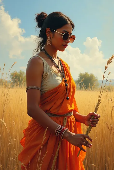 Make a original painting of indian village women she is wearing sunglass working on field and she is wearing transparent peticot and her nipple is visible