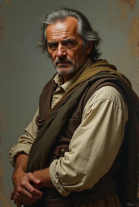 Portrait of an 18th century peasant wearing worn clothes and an expression of determination.