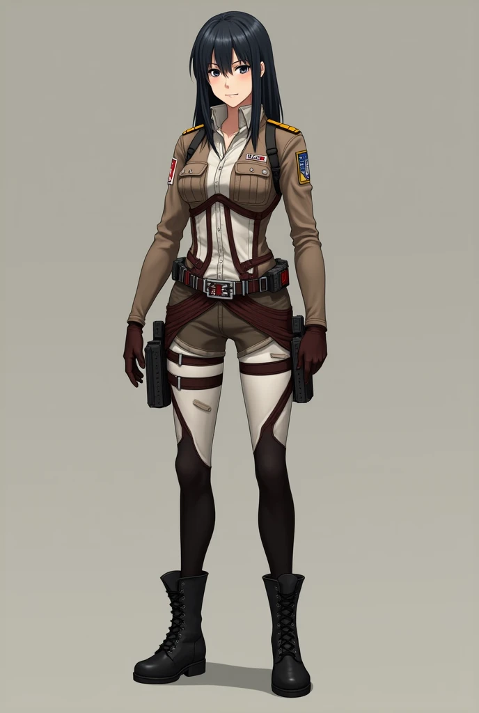  womens uniform based on the anime SNK , No pants ,  with dark brown shorts ,  knee-high black tights ,  long sleeve shirt from the original SNK uniform with black high boots,  and belts in uniform 