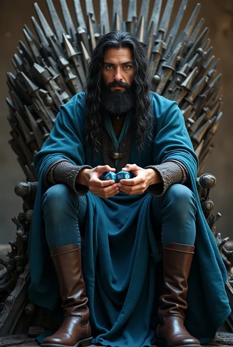 Robust and rattled 15-year-old Irish man, Who wears a long beard , tressée et dense. Il a des yeux bleus clairs, black hair.  Hes wearing a magicians dress and leather boots. He has role-playing dice in his hands .  He is sitting on the Iron Throne from th...