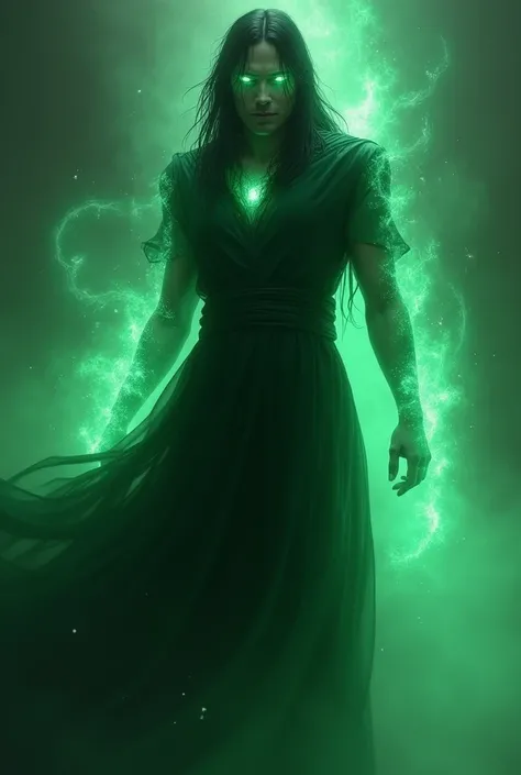   shows an ethereal faith figure wrapped in a spectral green aura . } His long dark hair flows around him as if he were suspended in water ,  and his eyes shine with a supernatural intensity . The source of green light ,  that seems to emanate from his own...