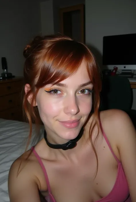 Amateur photo, low light, overexposure, low resolution photo, taken with a mobile phone, at night, noticeable noise in dark areas. Young woman, late teens to early 20s, fair skin, auburn hair pulled back, side swept bangs covering part of forehead, dark ey...