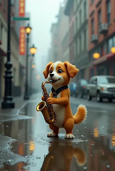 A rain scenario with a street with a puddle of water and a dog playing the saxophone