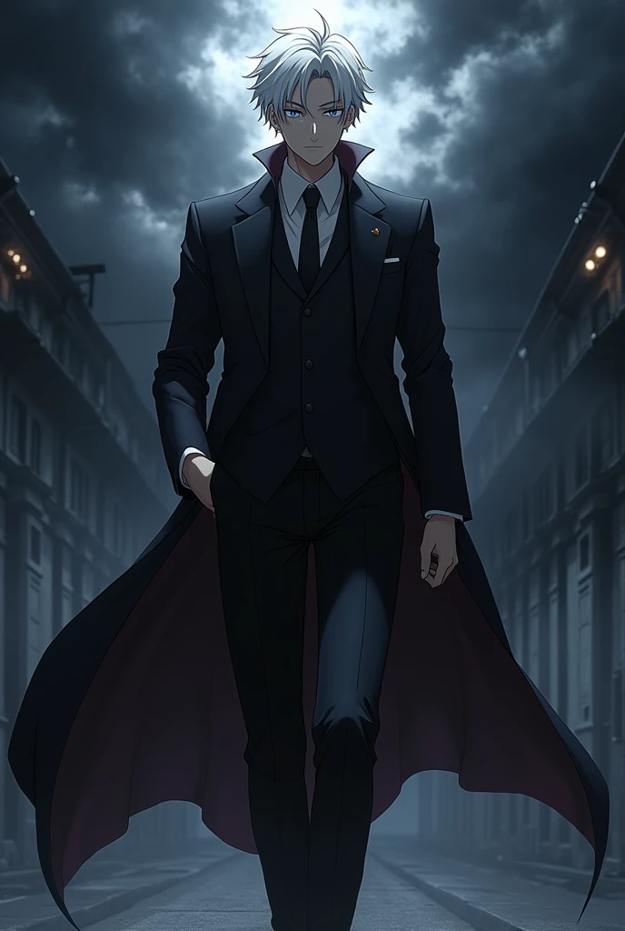 ANIME CHARACTER GOJO SATARU IS POWERS BLACK SUIT AND BLACK PANT AND WHITE HAIR
