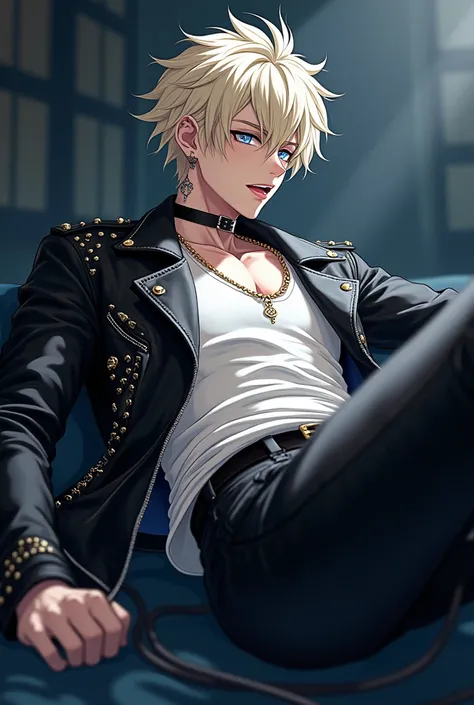 attractive adult male, sharp masculine features, huge bulge in pants, bleached blonde hair with darker roots, pale blue eyes, pale skin, asymmetrical bangs, rocker messy hair, earrings and piercings, slender, tall, detailed anime style, anime Painting, ani...