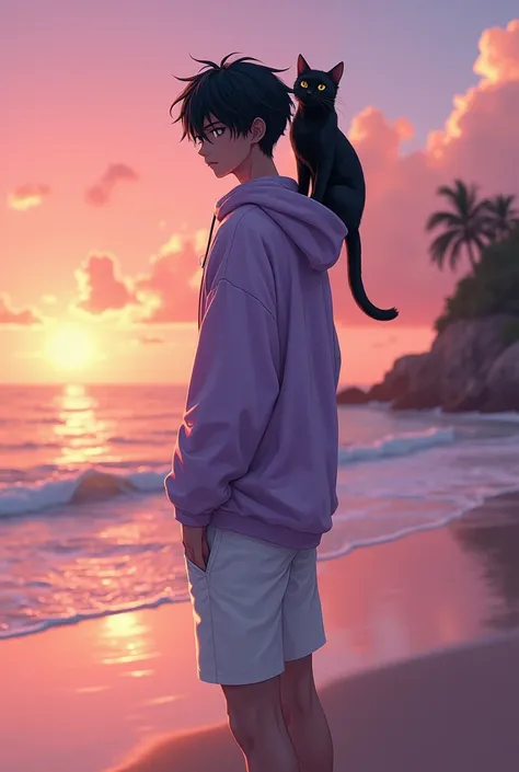 An anime man, Dark skin, light violet  hoodie, white shorts, black eyes, faded hair cut black, tall, full body, showing back, on beach sunset,black cat on shoulder 