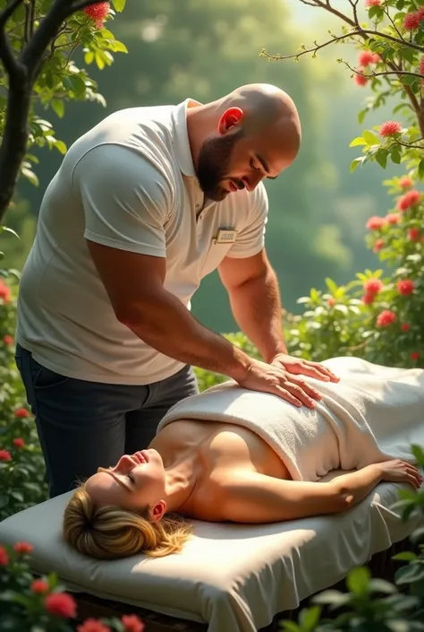 A normally strong and bald man, 1.76m, dressed in massage therapist clothes, massaging a blonde woman lying on a stretcher in a garden in the middle of a flowering forest