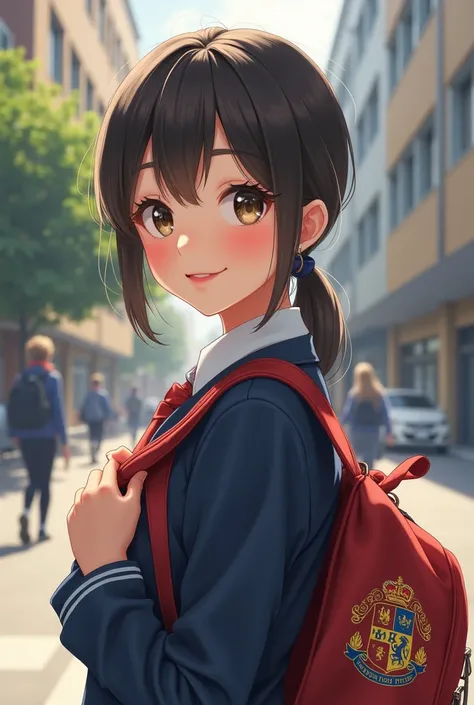 A girl with school bag with school badge in her chest 