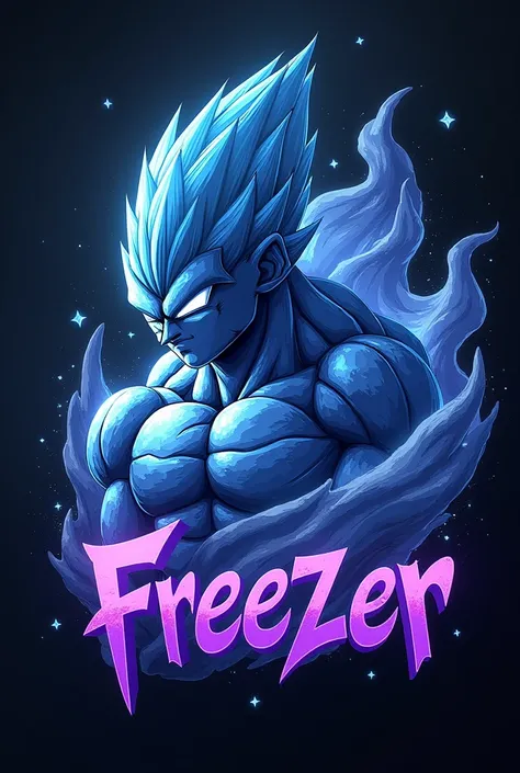 Crée un logo du personnage Freezer de Dragon Ball, intégrant des éléments de son design emblématique. Ajoute le nom "FreezerFurtif" en 3D, avec des lettres en relief violet qui évoquent à la fois la puissance et la subtilité. Le fond doit être dynamique et...