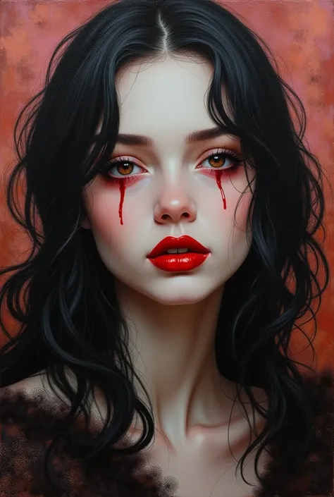 vampire girl red lips, in the style of hyper-realistic oil, dark amber and pink, trompe-lœil illusionistic detail, michael page, dark reflections, lively illustrations, dark white and dark brown