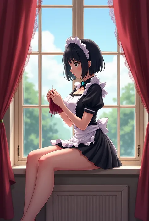  black hair , Short maid clothes under the panties tightening the panties with open legs,thighs,mansion,Maid knitting on the window sill , ANIME STYLE