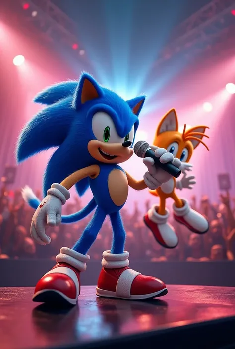 Sonic rapping Tails on a stage where there are a lot of fans